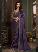 Satin Silk Purple Party Wear Embroidery Work Saree